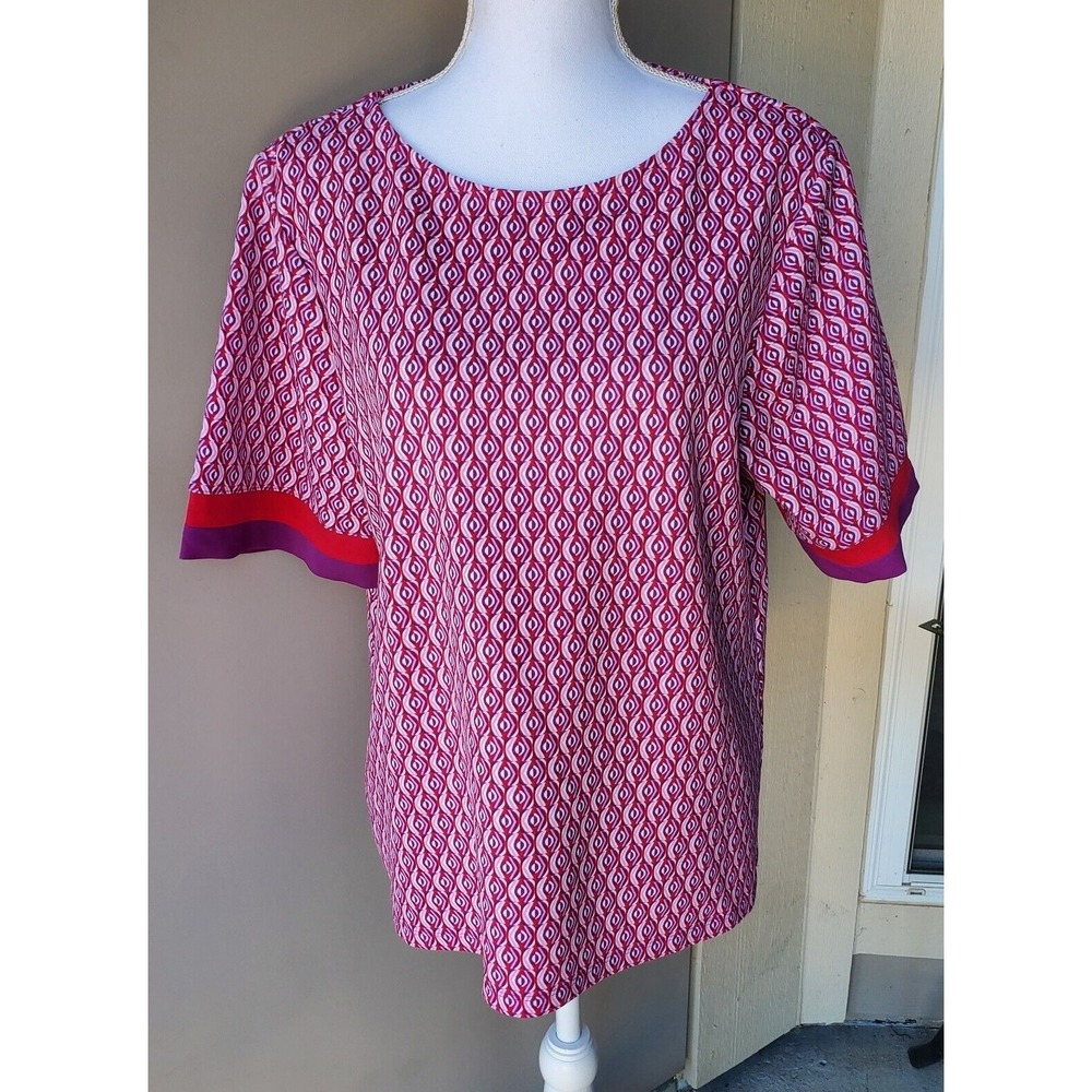 Chicos 2 Swing Top Shirt Womens Large Pink Purple Red GEO Colorblock Knit Ladies